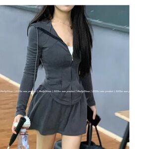 Grey Hooded Zip-Up hoodie coat with Skort
